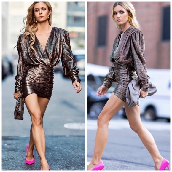 Redemption Draped Long Sleeve Lame Mini Dress in Bronze Jersey XL - Picture 1 of 11
